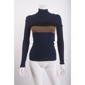Fendi Womens Silk Sweater Pullover Sz 38 US 2 XS Navy Blue Tan Mock Neck NWT